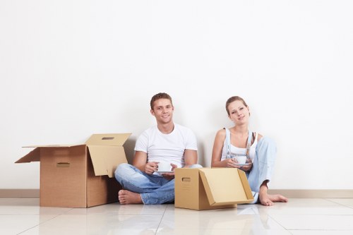 Packed office furniture and equipment ready for relocation